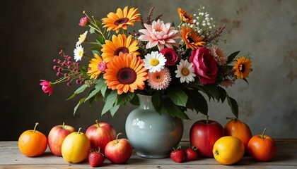 Canvas Print -  Fresh and vibrant still life with fruits and flowers