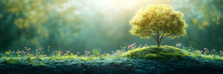 Wall Mural - 3D Illustration - Lonely Tree on a Hill with Flowers and Sunlight