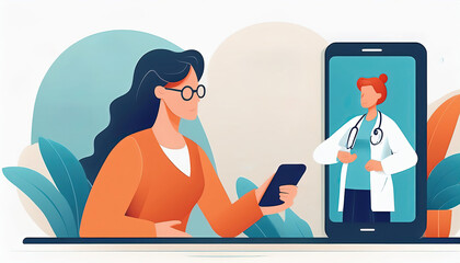 Patient using smartphone for online consultation with doctor, illustration generated AI