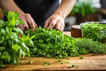 Preparing fresh herbs for cooking in a kitchen with natural light during the day