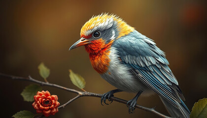 Wall Mural - A bird is perched on a branch with a flower in its beak