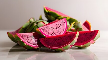 Wall Mural - Close-up of juicy dragon fruit slices, featuring their bright red flesh and green rind, complemented by a colorful background.