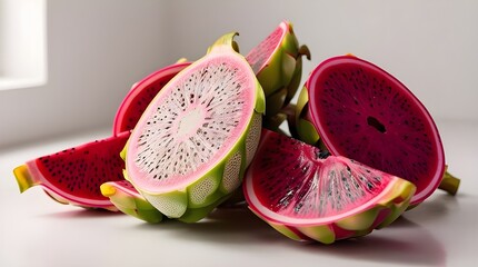 Wall Mural - Close-up of juicy dragon fruit slices, featuring their bright red flesh and green rind, complemented by a colorful background.