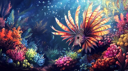 A vibrant lionfish with flowing fins swims through a colorful coral reef.