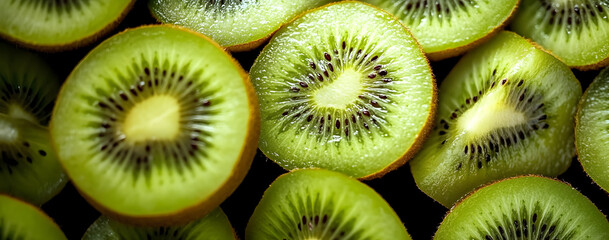 Wall Mural - sliced kiwi fruits in close detail and on top half the whole kiwi fruit,