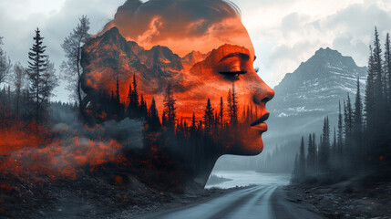 Double exposure of An awe-inspiring digital artwork featuring the face of a beautiful woman with piercing eyes, adorned in vibrant orange and black tattoos on her skin, set against a backdrop of m