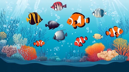 Colorful fish swim in a vibrant coral reef.