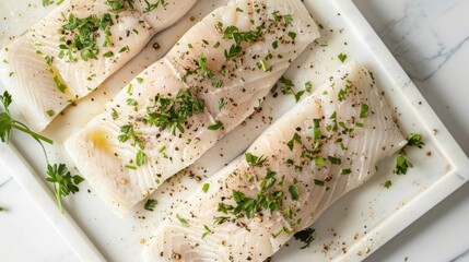 Wall Mural - Three pieces of fish are covered in parsley and pepper