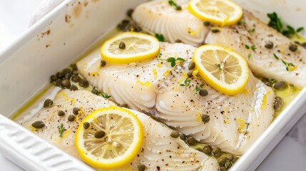 Wall Mural - A white dish with fish and lemon slices