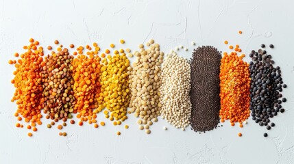 Sticker - A row of different colored beans and nuts are spread out on a white background