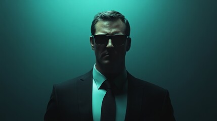 A man in a suit and sunglasses is standing in front of a green background