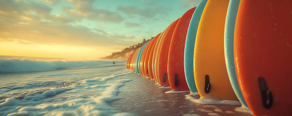 Wall Mural - Vibrant Surfboards Photo Await the Waves at Sunset on a Tropical Beach