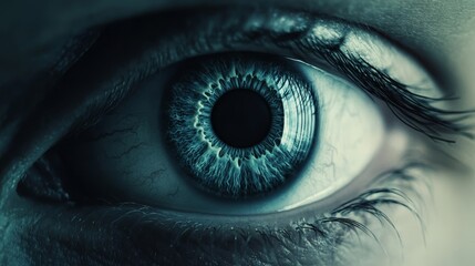 Wall Mural - A close up of a person's eye with a dark blue iris