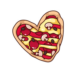 Canvas Print - Groovy cartoon pizza in heart shape. Funny retro pizza with sausage circles and mushrooms, cheese. Valentines day, fast food for date mascot, cartoon sticker of 70s 80s style vector illustration