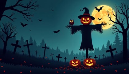 Wall Mural -  Spooky Halloween scene with jackolanterns bats and gravestones