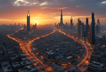 Wall Mural - Panoramic views of modern advanced metropolis with business centers and highways at dawn.