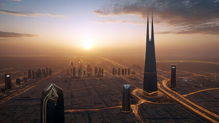 Wall Mural - Panoramic views of modern advanced metropolis with business centers and highways at dawn.