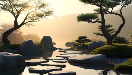 Wall Mural - Zen tranquility unfolds in a serene Japanese garden bathed in morning light