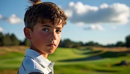 Caucasian boy focused during golfing training lesson on scenic golf course