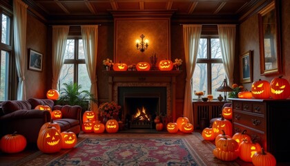 Canvas Print -  Halloween Home Decor  A Spooky Pumpkin Display