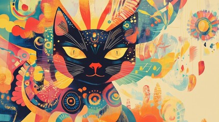 Naklejka na meble A joyful poster showcasing a cat in a whimsical design, surrounded by notes and colorful patterns, adding a cheerful vibe.