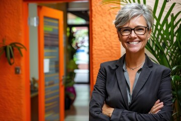 Sticker - Business woman wearing glasses smile business office.