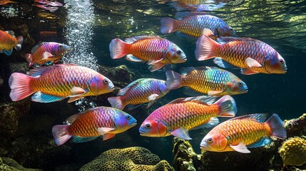 Canvas Print - A vibrant school of tropical fish swim through clear blue water, their scales shimmering with iridescent colors.