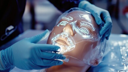 A medical professional practices implanting a pacemaker in a mannequin during a training session, with an overlay of medical information.