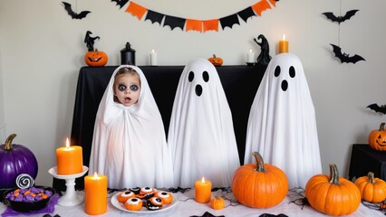 Children celebrate Halloween dressed as ghosts with festive decorations