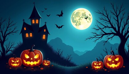 Canvas Print -  Spooky Halloween night with jackolanterns and bats