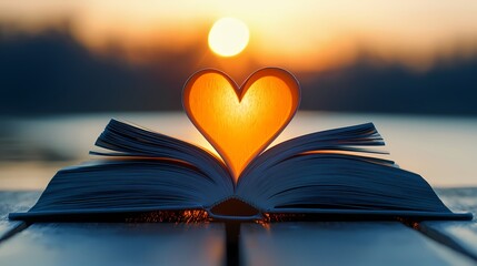 An open book with a heart-shaped page, illuminated by a stunning sunset.