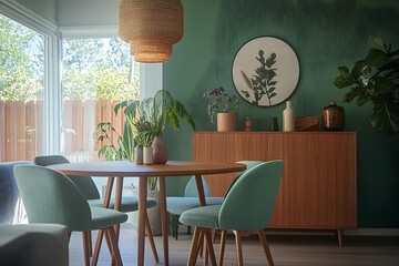 Sticker - Scandinavian mid-century modern living room design with mint color chairs around a round wooden dining table with sofa and cabinet next to a green wall.