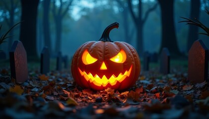 Canvas Print -  Eerie Halloween pumpkin in a spooky graveyard