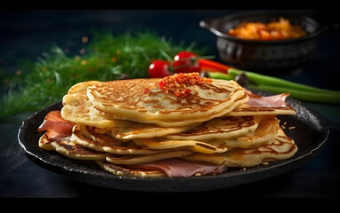 Savory pancakes with meat and vegetables on black