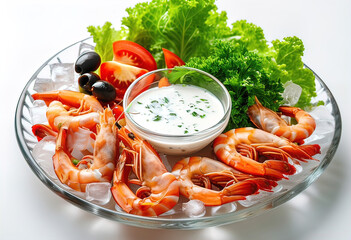 Wall Mural - A plate of shrimp and vegetables is placed on a glass plate with ice and a white bowl of sauce. beautiful table setting with a white background and free space for copy