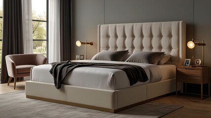 Wall Mural - medium luxury bed with headboard and storage space, bedroom design in the house