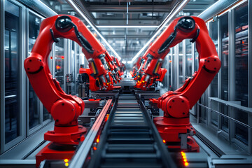 The robotic assembly line with red robotic arms is advanced and ensures automated production processes for maximum efficiency in the factory setting