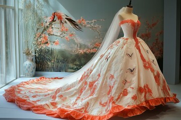 white and coral pink birds royal bridal gown ,beautifully decorated modest royal wedding dress with a long train, mannequin