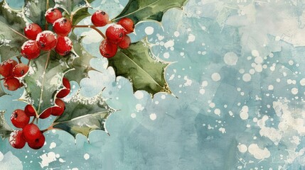 Canvas Print - Frost-covered holly berries and leaves, creating an enchanting winter scene for Christmas cards