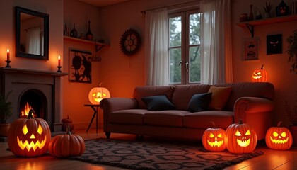 Poster -  Cozy Halloween living room scene