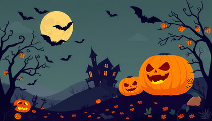 Wall Mural - A Halloween themed poster with bats flying in the sky and pumpkins on the ground