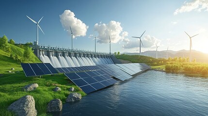 A massive hydroelectric dam standing alongside fields of solar panels and wind farms