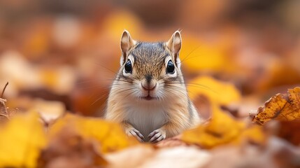 Wall Mural - A curious chipmunk sits in a bed of colorful autumn leaves.