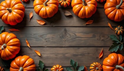 Wall Mural -  Autumns bounty  Pumpkins and leaves on a rustic wooden surface