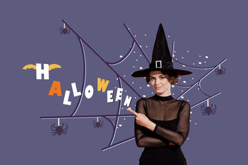 Poster - Composite photo collage of happy witch girl point spiderweb insect halloween horror witchcraft holiday isolated on painted background