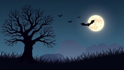 Wall Mural -  Moonlit Halloween night with bats and bare trees