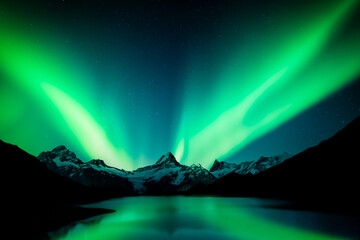 Wall Mural - Aurora borealis. Northern lights in winter mountains. Sky with polar lights and stars. Stars reflection in lake water