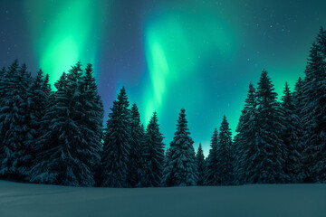 aurora borealis. northern lights in winter forest. sky with polar lights and stars. night winter lan