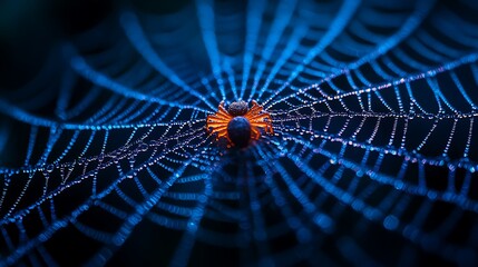 A spider sits in the center of its web, illuminated by a blue light. The web is covered in dew drops, creating a glistening effect.