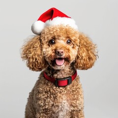 Canvas Print - Brown poodle dog wearing a santa hat collar happy cute.